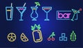 Neon bar glowing icons of cocktails and fruits Royalty Free Stock Photo