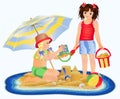 Summer time card, tropical island  and  two little girls on the beach , vector Royalty Free Stock Photo