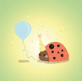 smiling ladybug in a festive cap on her head holds a balloon in her paw