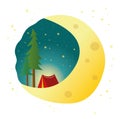 the moon on which there is a tent and a forest. cute and romantic summer illustration