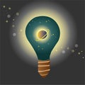 an electric light bulb on a dark background, inside which is the universe with a planet and stars