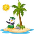 Cartoon Hawaii hula penguin in the tropical island