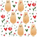 a cute fat bear hides a flower behind his back. ositive romantic illustration