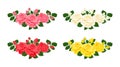 Set of bouquets of roses in different colors. Vector cartoon horizontal flower arrangements.