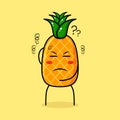 cute pineapple character with thiking expression, one hand on head and close eyes Royalty Free Stock Photo