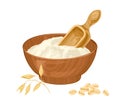 Oat flour in wooden bowl, spoon, golden ears and flake isolated. Royalty Free Stock Photo