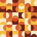 Mid Century modern half circles seamless pattern on orange, yellow, white and brown squares. Royalty Free Stock Photo