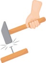 Holding a hammer in hand. A carpenter hammers a nail into a wooden beam.