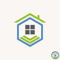 Simple and unique hexagon with roof house, window and stairs image graphic icon logo design abstract concept vector stock. Royalty Free Stock Photo