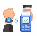 NFC Payment using smartwach, cashless and contactless mobile banking technology symbol cartoon illustration vector