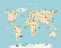 Print. World map with animals and architectural landmarks for kids. Royalty Free Stock Photo