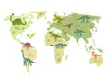 Print. World map with dinosaurs. Dino world map. Cartoon dinosaurs. Royalty Free Stock Photo