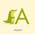 Print. Card letter `A` with aligator. Learning the alphabet.