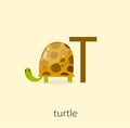 Print. Card letter `T` with turtle. Learning the English alphabet.