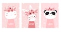 Print. Vector set of kids posters with animals. Posters for girls.