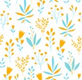 Print. Seamless botanical background of delicate wildflowers. Field plants, berries.