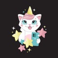 Print. Cute cat takes a selfie. Unicorn cat. Little white cat in the stars.