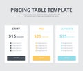 Pricing table template with three plan type in different colors on gray background Royalty Free Stock Photo