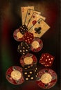 Vintage casino background with dice, chip and poker cards Royalty Free Stock Photo
