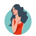 Beautiful young girl in red dress touching her neck on the circle background. Cute flat vector illustration Royalty Free Stock Photo