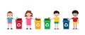 Set of kids collect rubbish for recycling, Children Segregating Trash, recycling trash, Save the World, recycling isolated on whit