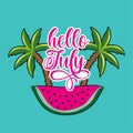 Hello July - watermelon island with palm trees funny Summer greeting. Royalty Free Stock Photo