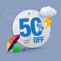 monsoon offer tag 50 percent off written on price tag surrounded with monsoon elements Royalty Free Stock Photo