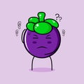 cute mangosteen character with thiking expression, one hand on head and close eyes Royalty Free Stock Photo