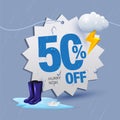 monsoon offer tag 50 percent off written on price tag surrounded with monsoon elements