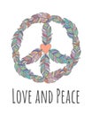 Pacific peace sign. Colored bird feathers. Hippie boho symbol.