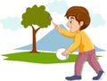 Cute little boy painting tree, clouds and mountain on the wall Royalty Free Stock Photo