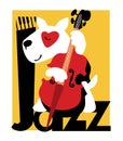 Jazz music poster with bull terrier playing on contrabass