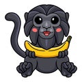 Cute goeldi`s monkey cartoon holding a banana