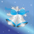 Silver and Blue Christmas Bells and Blue Bow Gradient Blue Background with Stars Royalty Free Stock Photo