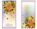 Season autumn vertical banners with diamond gemstone and autumn leaves, vector Royalty Free Stock Photo