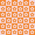 Cute retro flower seamless pattern on white and orange checkerboards.