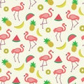 Cute coral Flamingo seamless pattern with pineapple, watermelon and banana