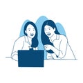 illustration Two Beautiful young women sitting at the table using a laptop work from home Royalty Free Stock Photo