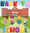 Back to school. Happy school children in front school building Royalty Free Stock Photo