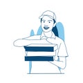 vector illustration beautiful Delivery girl holding in hands several pizza boxes