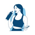 flat style vector illustration beautiful Girl drinks water after workout and holding phone Royalty Free Stock Photo