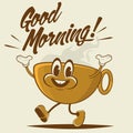 Retro cartoon illustration of a walking coffee cup