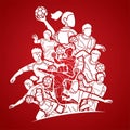 Group of Handball Players Male and Female Mix Action Cartoon Sport Graphic Vector Royalty Free Stock Photo