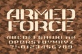 Armed Force alphabet font. Stencil letters and numbers on a camo background.