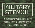 Military stencil alphabet font. Stencil letters and numbers on a camo background. Royalty Free Stock Photo