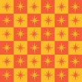 Mid century modern atomic starburst on orange and amber checkered squares seamless pattern. ]