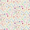 Cute school supplies with letters from the alphabet and numbers seamless pattern in outline style. Royalty Free Stock Photo