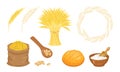 Wheat set. Grain sack, bowl of flour, spoon, wheat wreath, freshly baked cereal bread, ear cartoon and outline and sheaf of wheat. Royalty Free Stock Photo