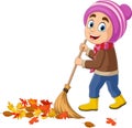 Cartoon little boy raking autumn leaves