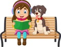 Cartoon little girl sitting and reading a book on a park bench with her dog Royalty Free Stock Photo